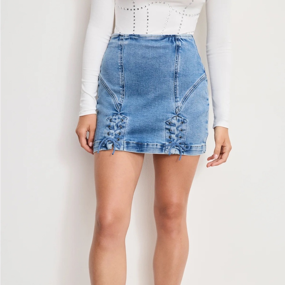 Good American Light Blue Denim Mini Skirt with Lace-Up Details